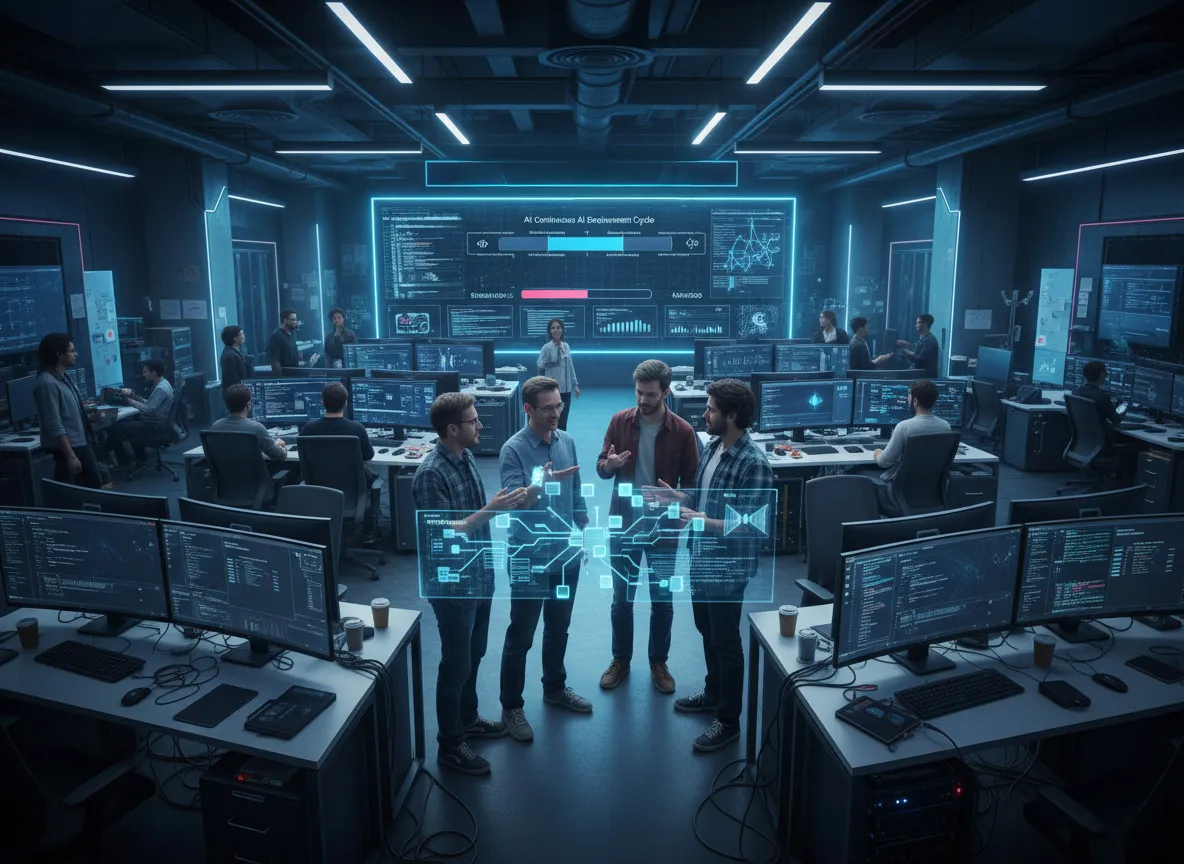 Four colleagues talking around a floating blue diagram, in a dark room full of desks with monitors.