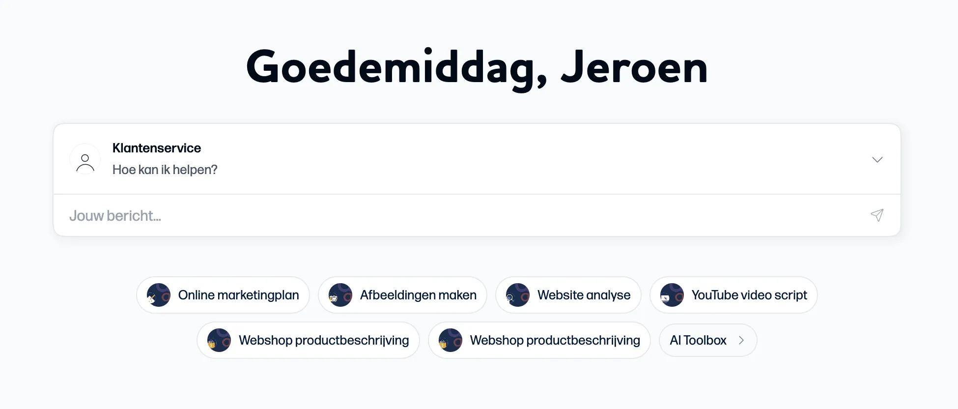 Het startscherm van de Artific Portal, met een invoerveld voor een bericht aan de agent Klantenservice en snelkoppelingen naar taken als een online marketingplan of een website-analyse.