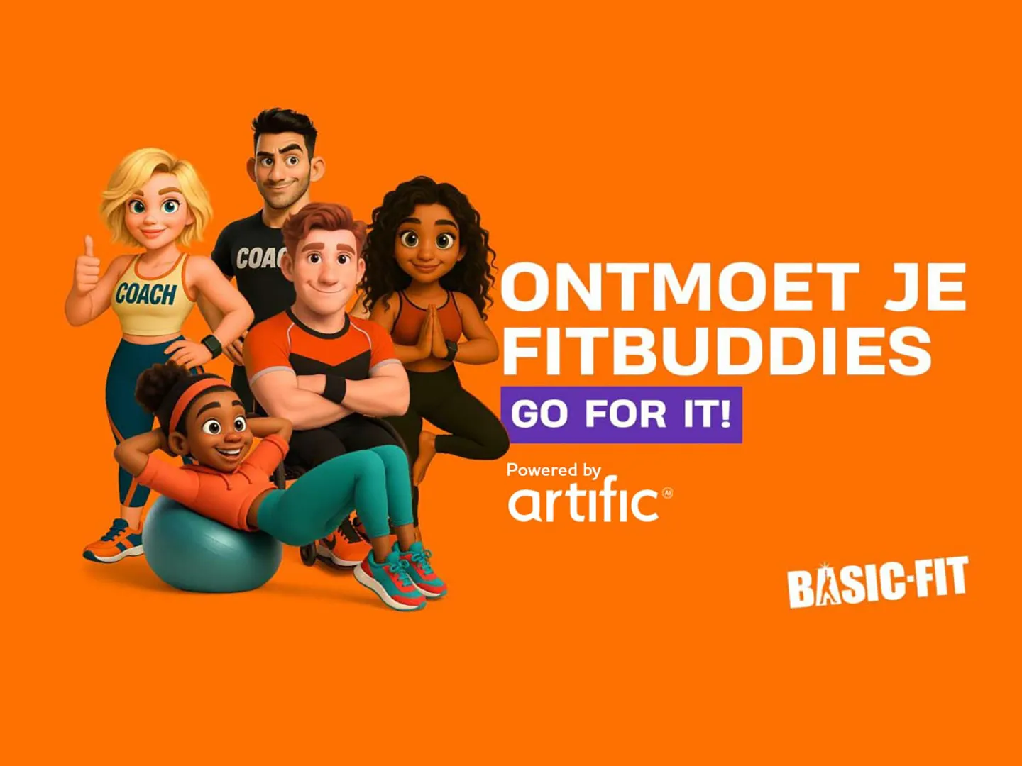 Five illustrated sports figures on an orange background next to the Dutch words Ontmoet je Fitbuddies (Meet your Fitbuddies), with the Artific and Basic-Fit logos.