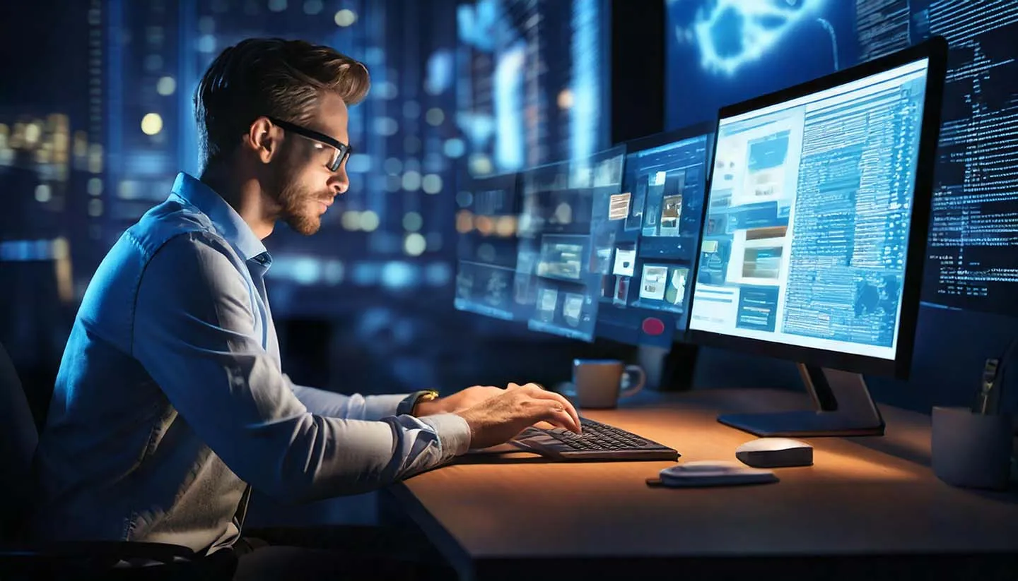 A man with glasses working at a desk behind two large screens full of blue windows and code, with a city lit up outside the window.