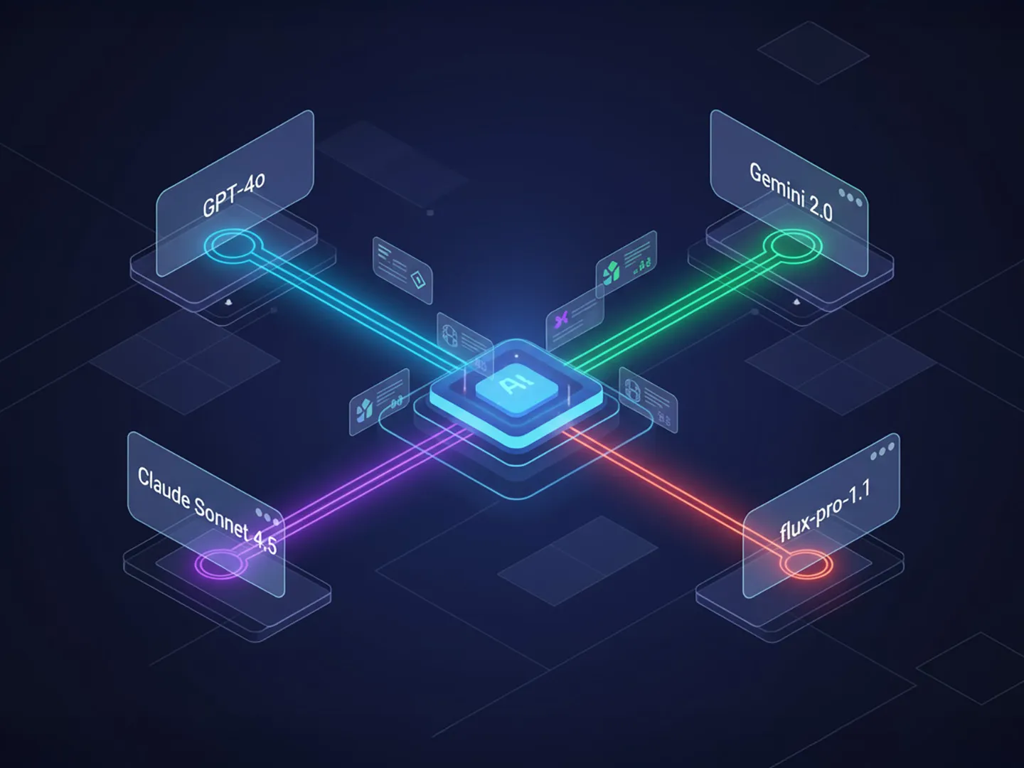 An AI chip in the centre with lines of light running to four models: GPT-4o, Gemini 2.0, Claude Sonnet 4.5 and flux-pro-1.1.
