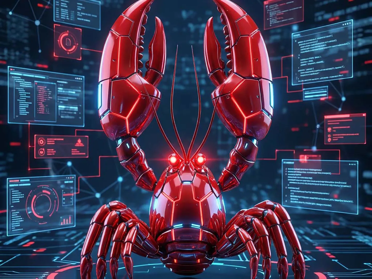 A red robot lobster with glowing eyes among floating screens full of code.