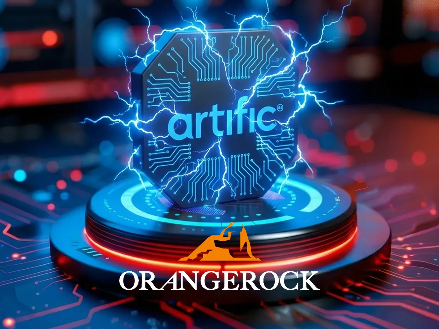 A chip with the Artific logo and blue lightning bolts on a glowing pedestal, with the Orangerock logo below it.