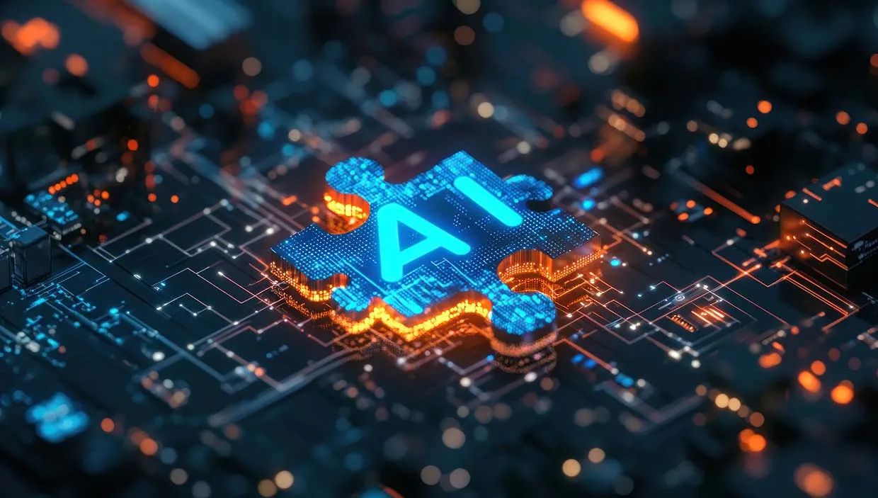A glowing blue puzzle piece with the letters AI that fits exactly into a dark circuit board full of orange lights.