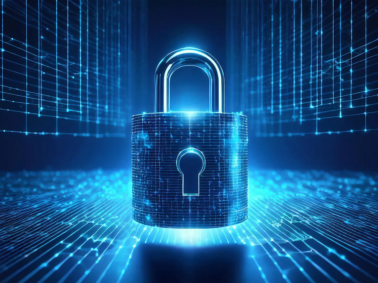 A glowing blue padlock in a digital space full of lines of light.