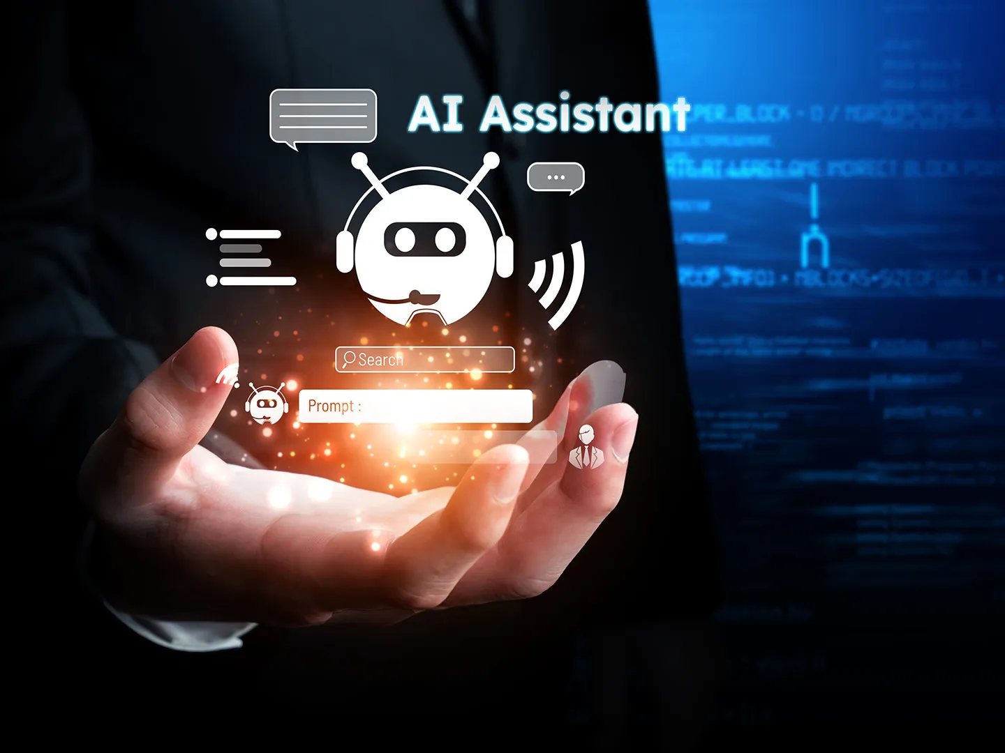 An open hand with a robot face wearing headphones above it, speech bubbles, a search bar and a prompt field, below the words AI Assistant.